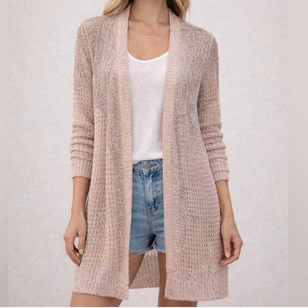 Long line dusty rose loose-knit shimmer cardigan/duster chunky knit